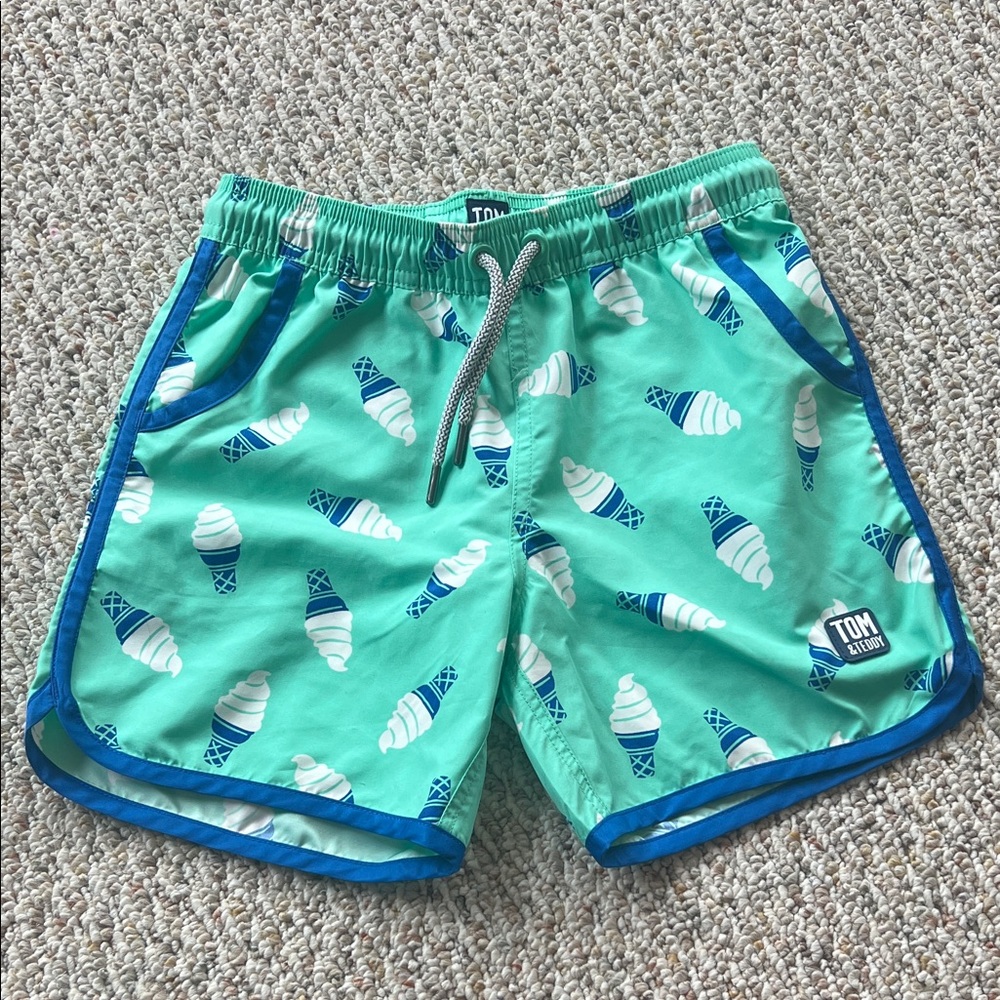 Tom & Teddy Mint Swim Shorts with Blue Trim and Ice Cream Print